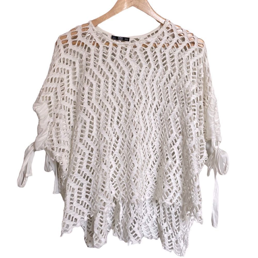 Zara Open Crotchet Poncho Size Small White